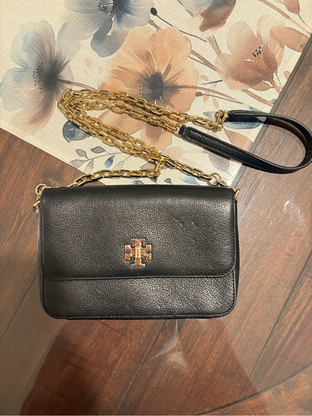 Tory Burch Black Leather Crossbody with Gold Chain